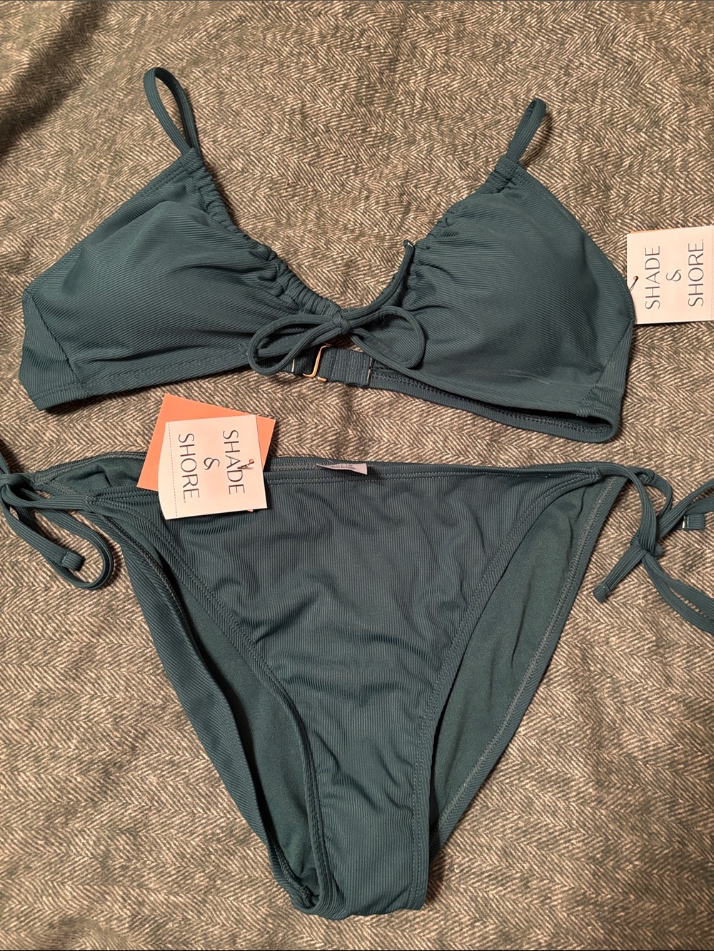 Shade & Shore Green Ribbed Triangle Bikini Set